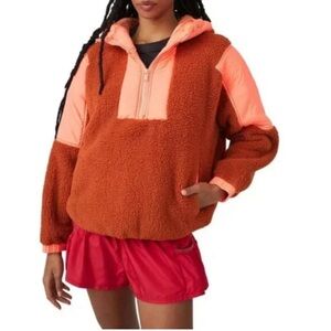 Free People Movement Orange and Rust Hooded Fleece half-zip jacket